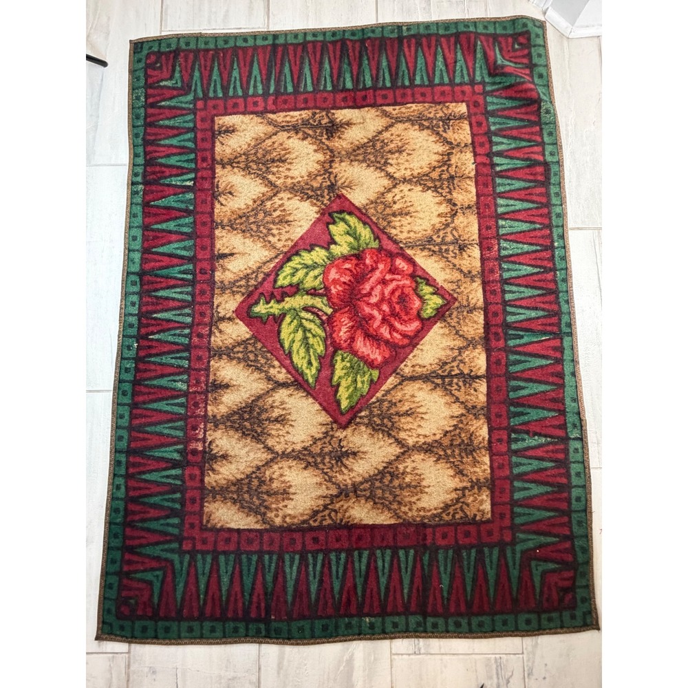 Vintage Red Rose Floral Sleigh Carriage Blanket Geometric Border Tan Brown 48x64